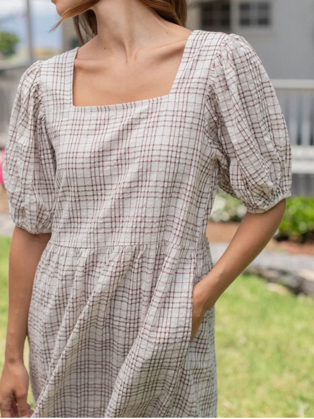 Neuflora Brielle Dress Puff Sleeve Window Pane Plaid L